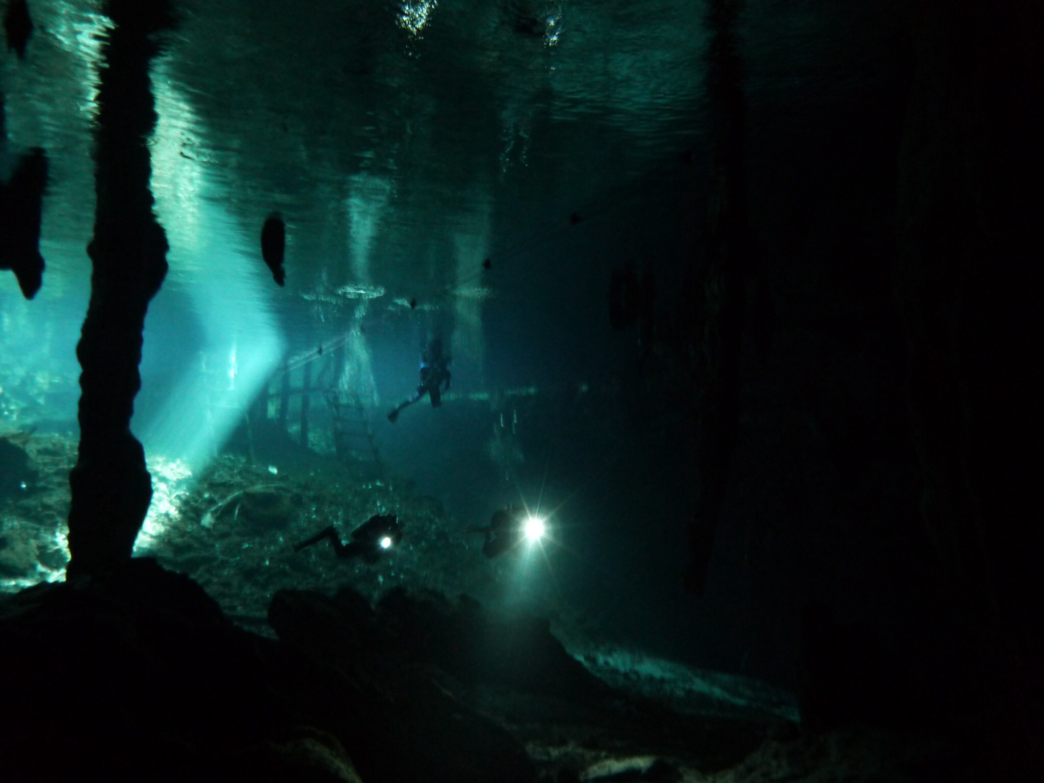 Divers with flashlights at Gran Cenote