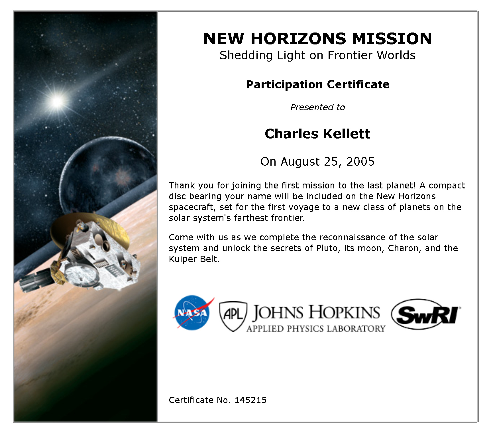 New Horizons Certificate