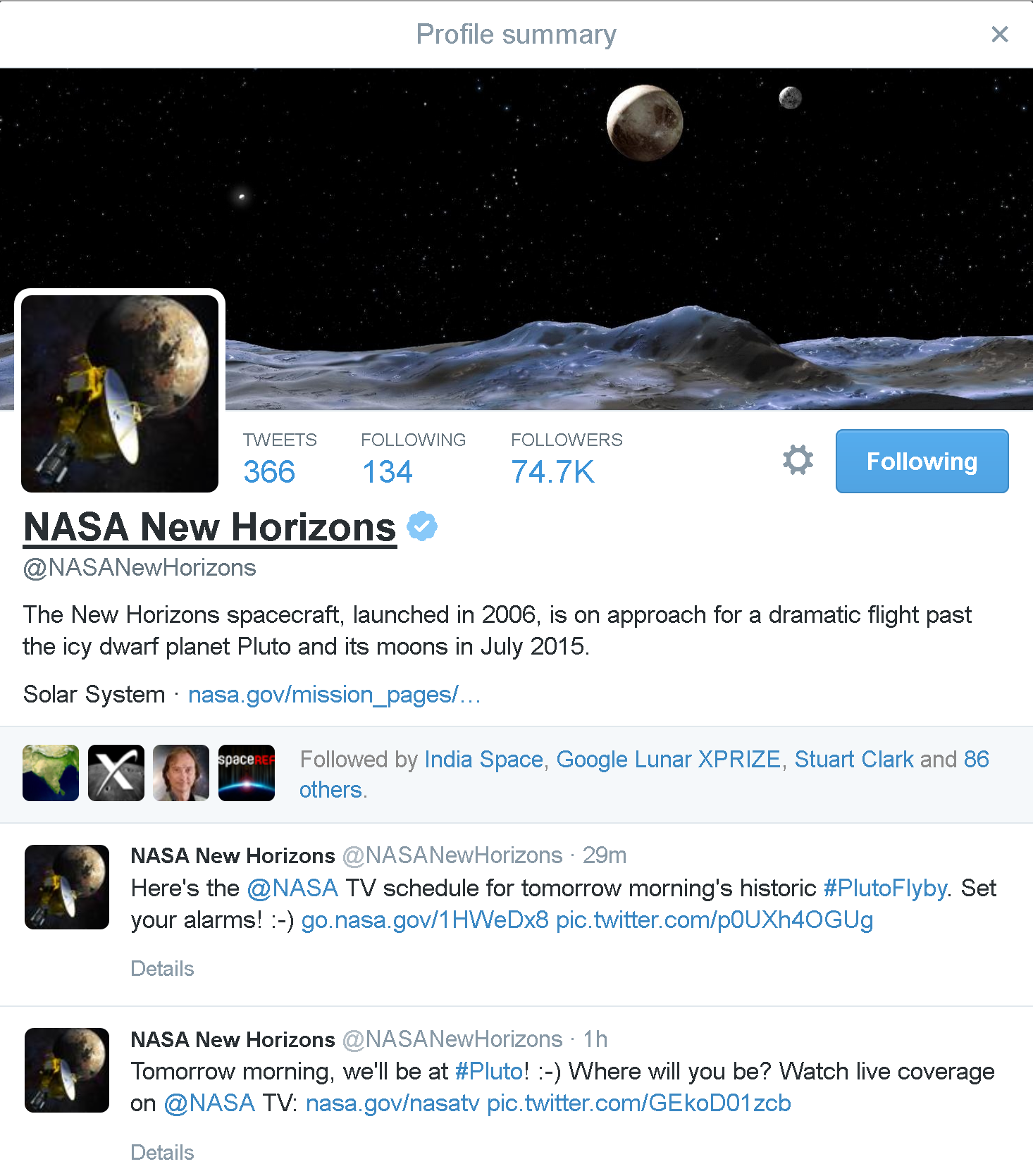 New Horizons Twitter Profile